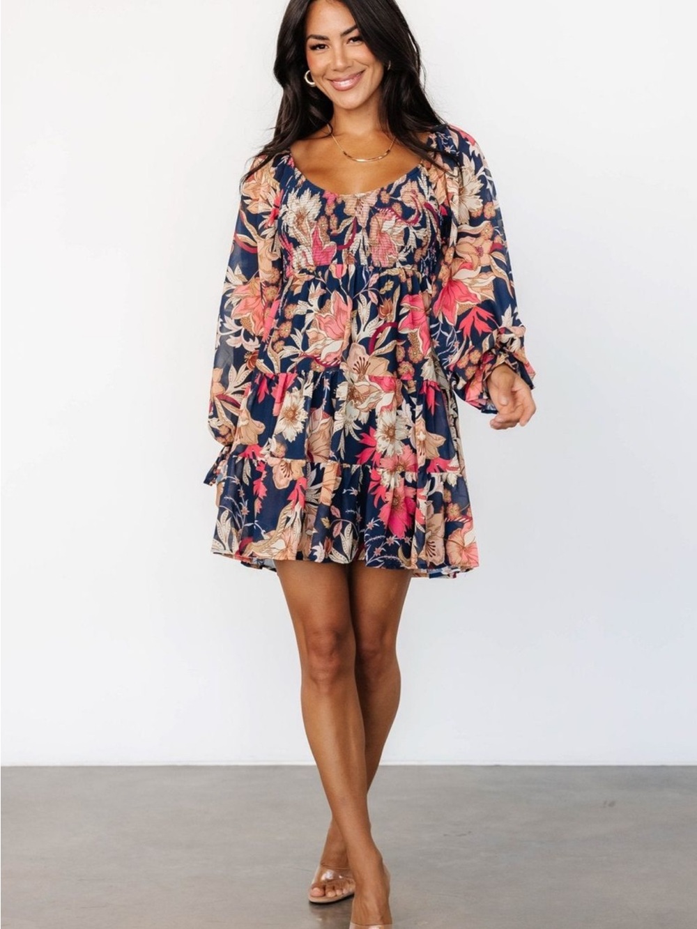 Flying Tomato Navy Floral Smocked Mini Dress with Pink and Cream Blooms